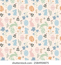 This vibrant design features playful bunny illustrations, decorated Easter eggs, and delicate floral motifs on a soft pastel background, perfect for seasonal themes.