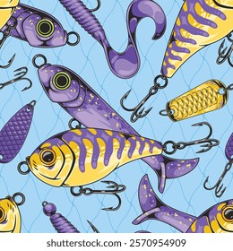 This vibrant design features various fishing lures in shades of purple and yellow. The lures are depicted against a light blue background showcasing their unique shapes and hooks.