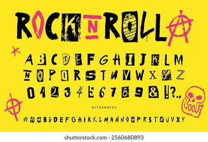 This vibrant design showcases a bold alphabet influenced by rock and roll themes. Each letter and number is artistically rendered against a bright yellow background.