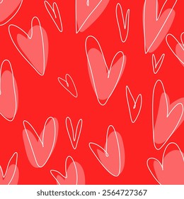 This vibrant design showcases a delightful array of playful hearts in various sizes set against a striking red backdrop