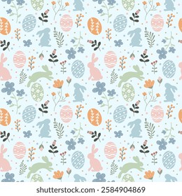 This vibrant design showcases playful bunnies, decorative eggs, and a variety of flowers against a soft, light background. Perfect for spring-related crafts and decor.