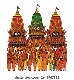 Esta ilustração vibrante e detalhada captura o espírito energético de Rath Yatra (Festival de Carruagens), mostrando os três grandes carros de Lord Jagannath, Lord Balabhadra e Devi Subhadra