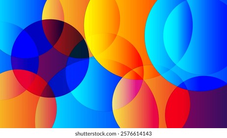 This vibrant digital artwork features overlapping translucent circles in dynamic shades of orange, blue, red, and yellow. The interplay of warm and cool colors creates a visually engaging