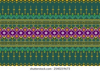 This vibrant digital artwork showcases a traditional Thai silk pattern, a testament to the rich cultural heritage of Thailand. The design is dominated by a deep blue background, adorned with intricate
