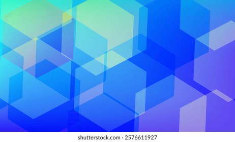 This is a vibrant digital artwork showcasing a geometric pattern of transparent, overlapping hexagons on a gradient background transitioning from blue to green and purple. The dynamic arrangement and 