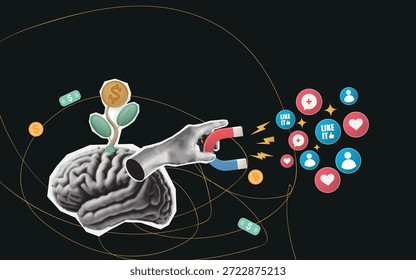 Este vibrante collage digital ilustra el poder de la participación en las redes sociales y el éxito financiero.