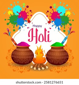 This vibrant digital greeting card for Holi features Happy Holi text colorful pots a bonfire symbolizing Holika Dahan bright splashes of color and an ornate festive frame
