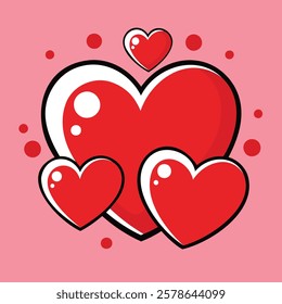 This vibrant digital illustration features multiple glossy red hearts on a soft pink background, creating a playful and romantic aesthetic.