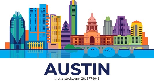 This vibrant digital illustration showcases the recognizable Austin city skyline with colorful buildings and the Texas State Capitol dome, set against a clean white background with bold text below.