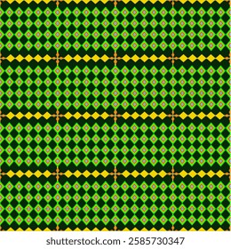 This vibrant digital pattern features a dense grid of alternating green and black squares, each containing a smaller, centered diamond of orange or blue.