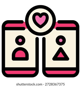This vibrant duo-tone icon illustrates an online dating match occurring between two users represented by a male and female profile on connected mobile phone applications symbolized by a pink heart.