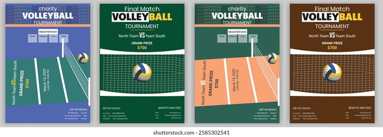 This vibrant and dynamic volleyball tournament final match flyer design is perfect for promoting a competitive sporting event. Featuring action-packed visuals of players engaged in intense gameplay, 