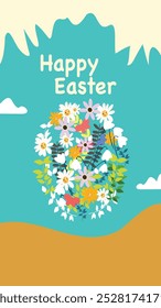 This vibrant Easter card features a colorful floral wreath on a bright turquoise background, expressing the freshness and renewal associated with the Easter holiday.