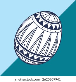 This vibrant Easter egg features bold geometric patterns in orange and blue hues, including zigzags and diamonds. Set against a gradient background, perfect for festive projects.