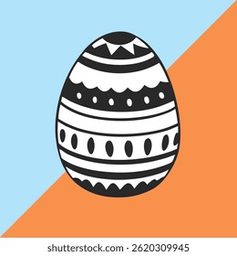 This vibrant Easter egg features bold zigzag and circular patterns in orange, blue, and white hues. Set against a split teal and yellow background, ideal for festive designs.