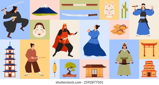 This vibrant and engaging illustration showcases a samurai, along with traditional Japanese items and cultural symbols vector illustration. Represents the japanese national identity.