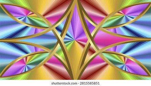 This vibrant, eye-catching artwork features a perfectly symmetrical star and leaf-shaped composition framed by polished, glossy golden lines. Radiant rainbow gradients burst from the center of every form, blending vivid shades of pink, purple, blue, cyan, green, yellow, and red in a smooth, metallic finish. The balanced, intricate design evokes elegance, harmony, and festive energy, with a luxurious decorative style that feels both timeless and modern. The interplay of shimmering gold outlines and brilliant multicolored surfaces creates a striking, jewel-like effect full of light and movement.