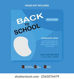 This is a vibrant and eye-catching "Back to School" poster designed to promote school admissions. The poster uses a clean and professional layout.