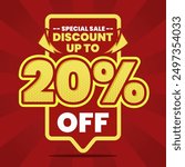 This vibrant and eye-catching banner design features a bold red background with striking yellow and white text, announcing a special sale with a discount of up to 20% off. Perfect for promoting limite