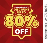 This vibrant and eye-catching banner design features a bold red background with striking yellow and white text, announcing a special sale with a discount of up to 80% off. Perfect for promoting limite