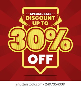 This vibrant and eye-catching banner design features a bold red background with striking yellow and white text, announcing a special sale with a discount of up to 30% off. Perfect for promoting limite