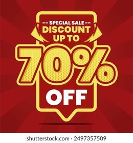 This vibrant and eye-catching banner design features a bold red background with striking yellow and white text, announcing a special sale with a discount of up to 70% off. Perfect for promoting limite