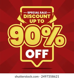 This vibrant and eye-catching banner design features a bold red background with striking yellow and white text, announcing a special sale with a discount of up to 90% off. Perfect for promoting limite