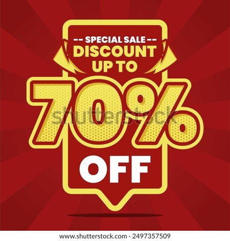 This vibrant and eye-catching banner design features a bold red background with striking yellow and white text, announcing a special sale with a discount of up to 70% off. Perfect for promoting limite