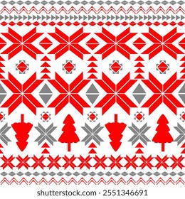 This vibrant and festive pattern features a Scandinavian-inspired design in bold red, white, and gray. The design incorporates symmetrical geometric shapes resembling snowflakes