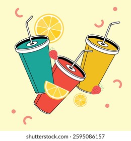 This vibrant flat design illustration features three colorful drink cups with straws, surrounded by lemon slices, strawberries, and playful elements. It conveys a fresh, modern, and fun summer vibe