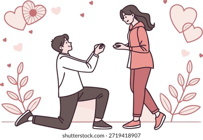 Esta vibrante ilustración plana captura la esencia del Día de la Proposición con una pareja amorosa abrazándose en una suave colina. La escena está bañada en tonos de rojo, desde el fondo hasta el primer plano.