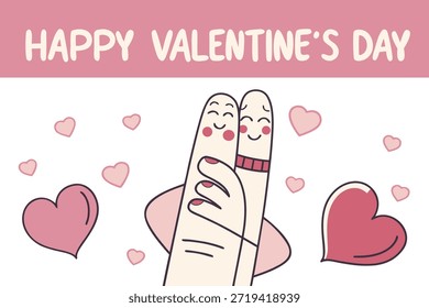 This vibrant flat illustration captures the essence of Valentine's Day with a loving couple embracing on a gentle hill. The scene is bathed in shades of red, from the background to the foreground elem