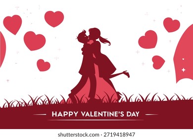 Esta vibrante ilustración plana captura la esencia del Día de San Valentín con una pareja amorosa abrazándose en una suave colina. La escena está bañada en tonos de rojo, desde el fondo hasta el primer plano