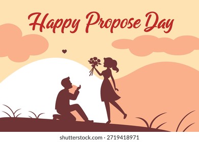 Esta vibrante ilustración plana captura la esencia del Día de la Proposición con una pareja amorosa abrazándose en una suave colina. La escena está bañada en tonos de rojo, desde el fondo hasta el primer plano.