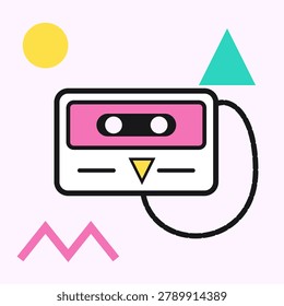 This vibrant flat illustration features a classic audio cassette tape surrounded by iconic Memphis design shapes including a yellow circle, teal triangle, and pink zigzag. The retro aesthetic captures the nostalgic essence of eighties and nineties pop culture, making it perfect for music, podcasting, and vintage-themed creative projects or media.