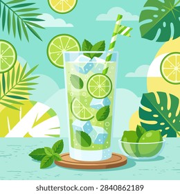 This vibrant flat illustration features a tall glass filled with a chilled citrus beverage, complete with ice cubes, fresh mint leaves and a striped straw. The composition is surrounded by tropical foliage and floating lime slices against a soft pastel background. The overall mood is bright, summery and refreshing, utilizing a clean color palette of greens, yellows and light blues