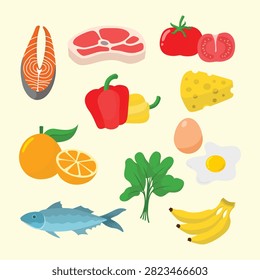 This vibrant flat vector illustration highlights a colorful collection of healthy, nutrient-dense whole foods. The design displays an assortment of essential ingredients across multiple food groups, featuring high-quality proteins like a salmon steak, whole fish, raw beef cut, and fresh eggs alongside a wedge of Swiss cheese. It also emphasizes fresh produce including ripe tomatoes, bright bell peppers, green spinach, citrus oranges, and sweet bananas. This visual graphic is perfect for nutritional blogs, menu designs, dietary guides, and healthy lifestyle campaigns.#HealthyEating #WholeFoods #BalancedDiet #FoodIllustration #NutritionMatters #FreshProduce #CleanEating #HealthyIngredients