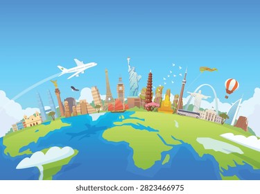 This vibrant flat vector illustration highlights a global travel concept featuring iconic landmarks from across the world arranged atop a planet Earth globe. The colorful design showcases internationally famous architectural monuments including the Eiffel Tower, Statue of Liberty, Big Ben, Leaning Tower of Pisa, Christ the Redeemer, Burj Al Arab, and Chichen Itza. Complete with a commercial airplane flying in a bright blue sky, a hot air balloon, and a tour bus, this panoramic graphic is perfect for travel agency headers, international tourism brochures, flight booking banners, and global vacation advertising.#GlobalTravel #WorldLandmarks #InternationalTourism #TravelVector #AroundTheWorld #FamousMonuments #VacationPlanning #ExploreThePlanet