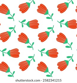 This vibrant floral pattern features beautiful red flowers and fresh green leaves