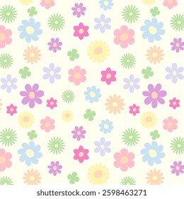 This vibrant floral pattern is filled with fun pastel shades including pink, blue, yellow and green. A variety of flowers including daisies and large blooms are evenly distributed across a light