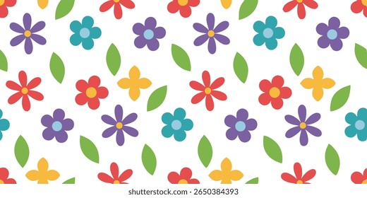 This vibrant floral pattern showcases a repeating arrangement of simple, flat design flowers in red, purple, teal, and yellow, interspersed with green leaves.