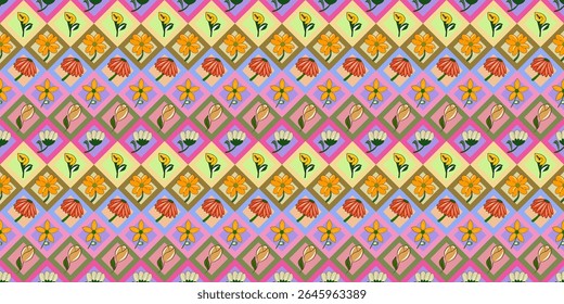 This vibrant floral seamless pattern features a patchwork of hand-drawn flowers arranged within diamond-shaped frames. Each tile showcases different flower types, including tulips, daisies, and lilies