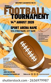 This vibrant flyer promotes American Football tournament featuring thrilling design, complete with essential details for participants and spectators alike. Vector illustration.