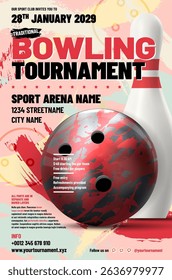 This vibrant flyer promotes Bowling tournament featuring thrilling design, complete with essential details for participants and spectators alike. Vector illustration.