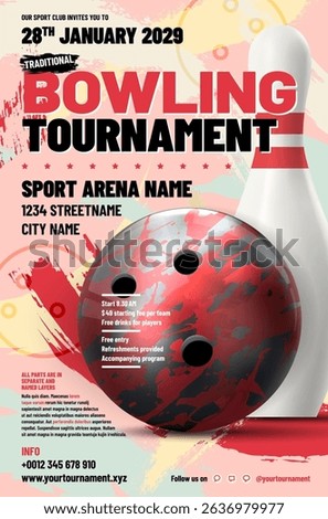 This vibrant flyer promotes Bowling tournament featuring thrilling design, complete with essential details for participants and spectators alike. Vector illustration.