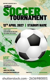This vibrant flyer promotes Soccer or football tournament featuring thrilling design, complete with essential details for participants and spectators alike. Vector illustration.