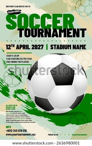 This vibrant flyer promotes Soccer or football tournament featuring thrilling design, complete with essential details for participants and spectators alike. Vector illustration.