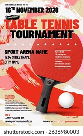 This vibrant flyer promotes Table tennis tournament featuring thrilling design, complete with essential details for participants and spectators alike. Vector illustration.