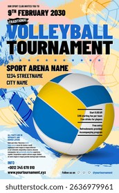 This vibrant flyer promotes Volleyball tournament featuring thrilling design, complete with essential details for participants and spectators alike. Vector illustration.