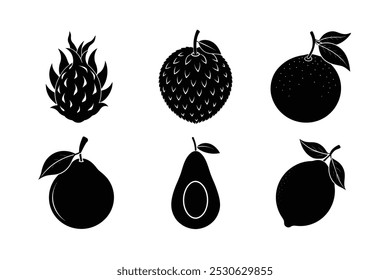 Este pacote de frutas vibrante apresenta ilustrações de fruta dragão, goiaba, cal, lichia, abacate e limão. Perfeito para projetos relacionados à saúde, marca de alimentos, visuais tropicais e conceitos de receita.